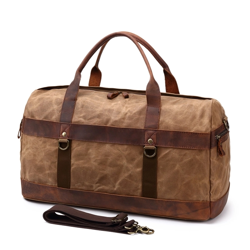 Waterproof Waxed Canvas Cowhide Leather Travel Bag with Men Duffel Bag